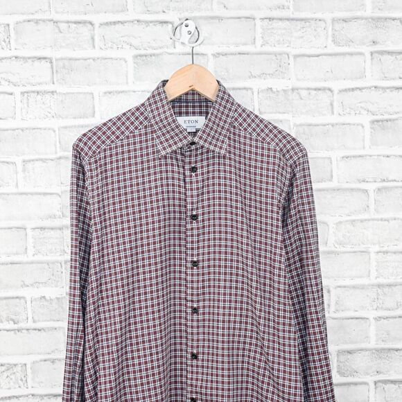 ETON Men's Contemporary fit Button up Shirt in Maroon plaid cotton size Large 16 - Picture 4 of 5